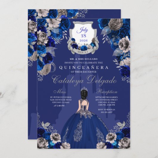 Royal Blue & Silver Princess Castle Quinceañera Kaart (Voorkant / Achterkant)