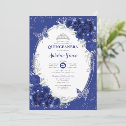 Royal Blue Silver Quinceañera 15e verjaardag Foto Kaart (Staand voorkant)