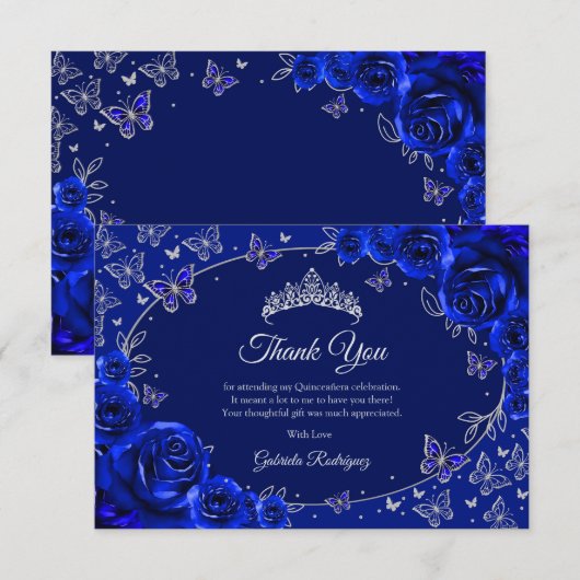 Royal Blue Silver Quinceanera Bedankkaart (Voorkant / Achterkant)