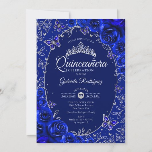 Royal Blue Silver Quinceanera Kaart (Voorkant)
