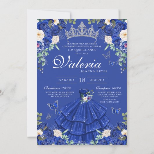 Royal Blue Silver Roos Elegant Princess Quinces Kaart (Voorkant)