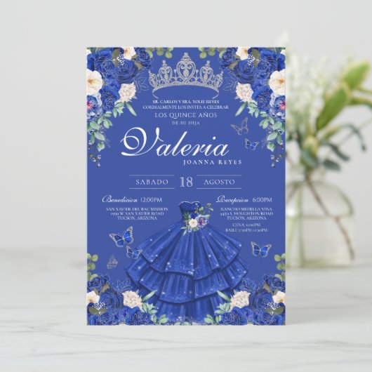 Royal Blue Silver Roos Elegant Princess Quinces Kaart (Staand voorkant)