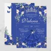 Royal Blue Silver Roos Elegant Princess Quinces Kaart (Voorkant / Achterkant)