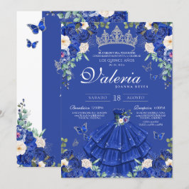 Royal Blue Silver Roos Elegant Princess Quinces Kaart