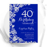 Royal Blue Silver Rozen 40e verjaardagsfeest Kaart<br><div class="desc">Royal blauw zilver bloemen 40e verjaardag uitnodiging. Elegant ontwerp met rozen,  faux silver-folie en lettertype voor typografie. Trendy uitnodigingskaart ideaal voor een stijlvol vrouw bday-feest. Kan worden aangepast aan elke leeftijd. Gedrukte Zazzle-uitnodigingen of direct downloadbare digitale afdrukbare sjabloon.</div>