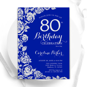 Royal Blue Silver Rozen 80ste verjaardagsfeest Kaart