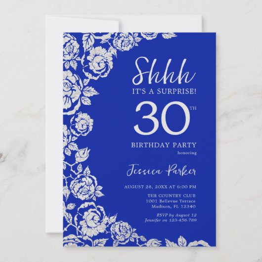 Royal Blue Silver Rozen Verrassing 30e verjaardag Kaart (Voorkant)