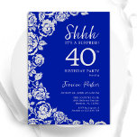 Royal Blue Silver Rozen Verrassing 40e verjaardag Kaart<br><div class="desc">Royal Blue Floral Surprise 40ste verjaardag uitnodiging. Elegant ontwerp met rozen,  faux silver-folie en lettertype voor typografie. Trendy uitnodigingskaart ideaal voor een stijlvol vrouw bday-feest. Kan worden aangepast aan elke leeftijd. Gedrukte Zazzle-uitnodigingen of direct downloadbare digitale afdrukbare sjabloon.</div>