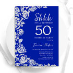 Royal Blue Silver Rozen Verrassing 50e verjaardag Kaart<br><div class="desc">Royal blauwe bloemen verrassing 50e verjaardag uitnodiging. Elegant ontwerp met rozen,  faux silver-folie en lettertype voor typografie. Trendy uitnodigingskaart ideaal voor een stijlvol vrouw bday-feest. Kan worden aangepast aan elke leeftijd. Gedrukte Zazzle-uitnodigingen of direct downloadbare digitale afdrukbare sjabloon.</div>