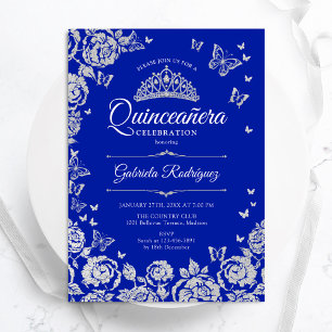 Royal Blue Silver Rozen Vlinders Quinceanera Kaart