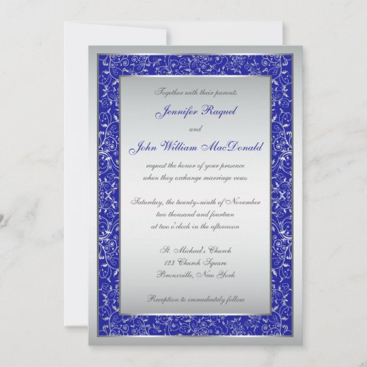 Royal Blue, Silver Scroll Wedding Invite Kaart (Voorkant)