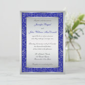 Royal Blue, Silver Scroll Wedding Invite Kaart (Staand voorkant)