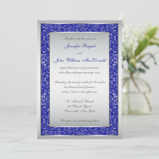 Royal Blue, Silver  Scroll Wedding Invite Kaart (Staand voorkant)