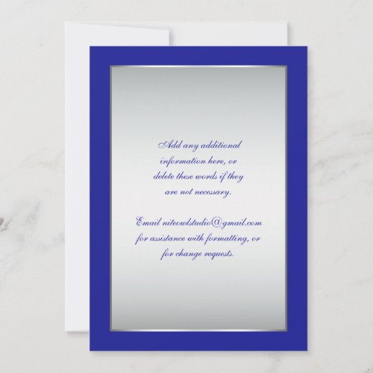 Royal Blue, Silver Scroll Wedding Invite Kaart (Achterkant)