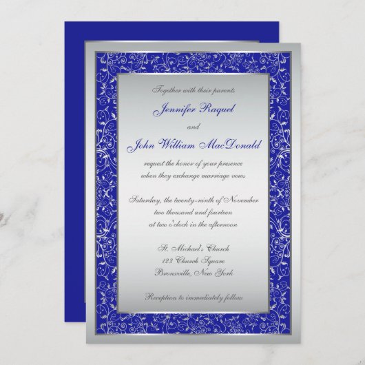 Royal Blue, Silver  Scroll Wedding Invite Kaart (Voorkant / Achterkant)