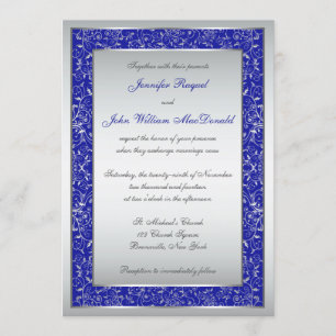 Royal Blue, Silver  Scroll Wedding Invite Kaart