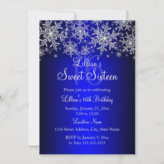 Royal Blue Silver Snowflake Sweet 16 Uitnodiging (Voorkant)