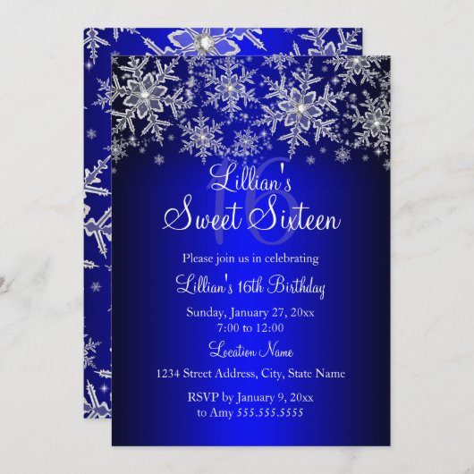 Royal Blue Silver Snowflake Sweet 16 Uitnodiging (Voorkant / Achterkant)