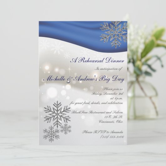 Royal Blue Silver Snowflakes Rehearsal Dinner Kaart (Staand voorkant)