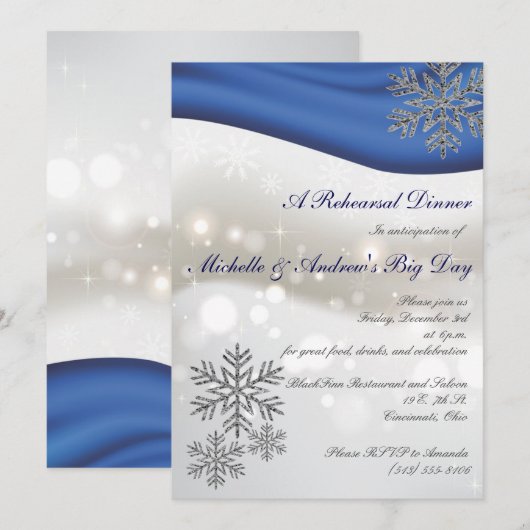 Royal Blue Silver Snowflakes Rehearsal Dinner Kaart (Voorkant / Achterkant)