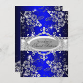 Royal Blue Silver Sparkle Flower Sweet 16 Invite Kaart (Voorkant / Achterkant)