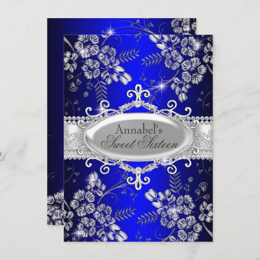 Royal Blue Silver Sparkle Flower Sweet 16 Invite Kaart (Voorkant / Achterkant)