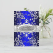 Royal Blue Silver Sparkle Flower Sweet 16 Invite Kaart (Staand voorkant)