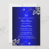 Royal Blue Silver Sparkle Flower Sweet 16 Invite Kaart (Achterkant)