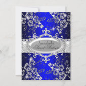 Royal Blue Silver Sparkle Flower Sweet 16 Invite Kaart (Voorkant)