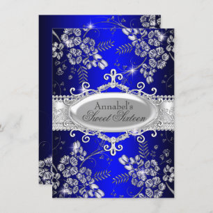 Royal Blue Silver Sparkle Flower Sweet 16 Invite Kaart