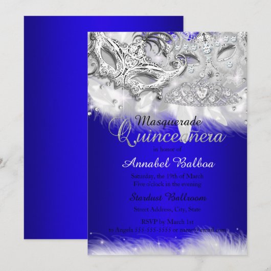 Royal Blue Silver Sparkle Masquerade Quinceanera Kaart (Voorkant / Achterkant)