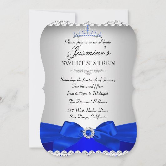 Royal Blue & Silver Sweet 16 Birthday Party Kaart (Achterkant)