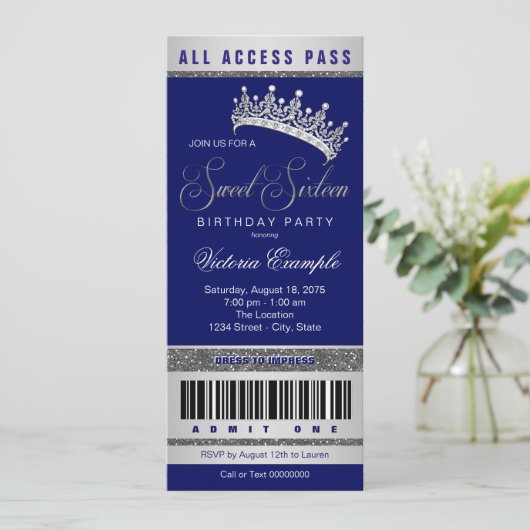 Royal Blue Silver Sweet 16 Kaart (Staand voorkant)