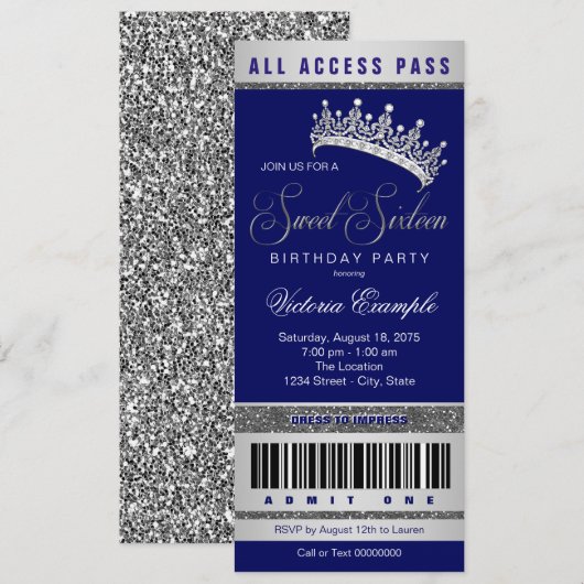 Royal Blue Silver Sweet 16 Kaart (Voorkant / Achterkant)