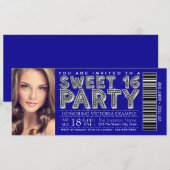 Royal Blue Silver Sweet 16 Ticket Invitation Kaart (Voorkant / Achterkant)