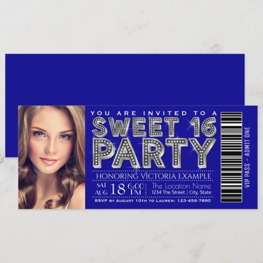 Royal Blue Silver Sweet 16 Ticket Invitation Kaart (Voorkant / Achterkant)