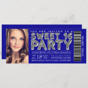 Royal Blue Silver Sweet 16 Ticket Invitation Kaart