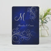 Royal Blue Silver Swirl Monogram Formal Wedding Kaart (Staand voorkant)