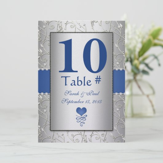 Royal Blue Silver Swirl Wedding Kaart (Staand voorkant)