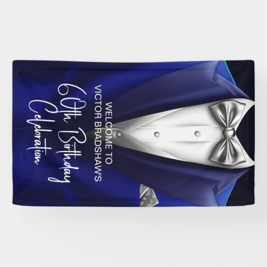 Royal Blue Silver Tuxedo Birthday Party Welcome Spandoek (Horizontaal)