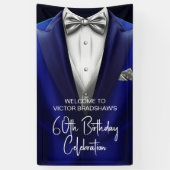Royal Blue Silver Tuxedo Birthday Party Welcome Spandoek (Verticaal)