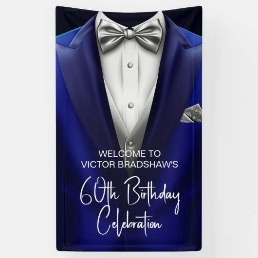 Royal Blue Silver Tuxedo Birthday Party Welcome Spandoek (Verticaal)