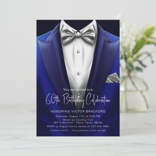 Royal Blue Silver Tuxedo Mannen Elk Nummer Verjaar Kaart (Staand voorkant)