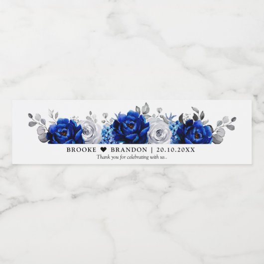 Royal Blue Silver Wedding Water Bottle Waterfles Etiket (Enkel label)