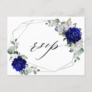Royal blue Silver White Geometric RSVP Briefkaart