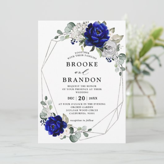 Royal Blue Silver White Ivory Geometric Wedding Kaart (Staand voorkant)