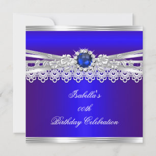 Royal Blue Silver White Pearl Lace Floral Birthday Kaart
