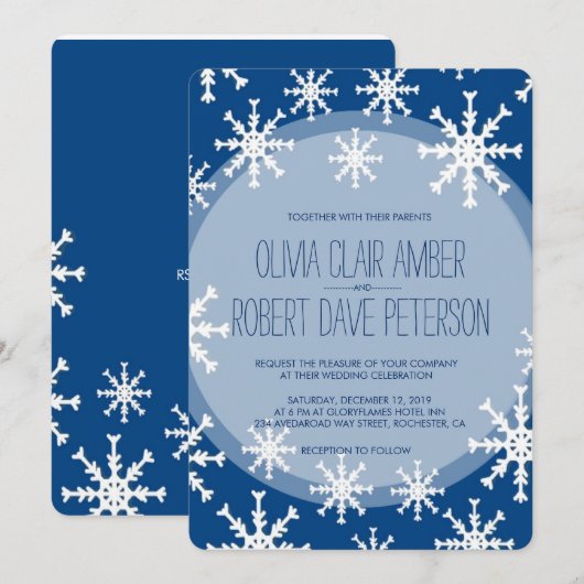 Royal Blue Sneeuwvlokken Winter bruiloft uitnodigt Kaart (Voorkant / Achterkant)