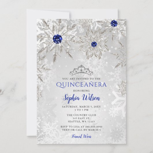 Royal Blue Snowflakes Tiara Quinceañera Kaart (Voorkant)