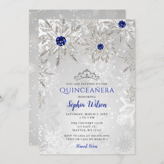 Royal Blue Snowflakes Tiara Quinceañera Kaart (Voorkant / Achterkant)
